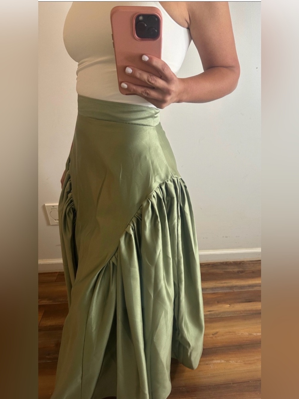 Silk HightRise Olive Textured -Maxi Skirt /Gathered panel Sz Small